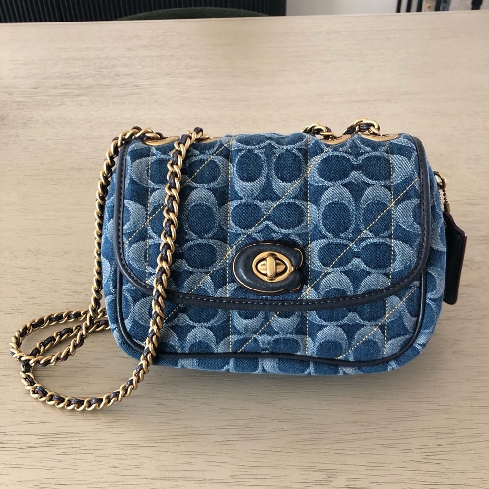 Coach Quilted Signature Denim Shoulder Bag with Chain Strap